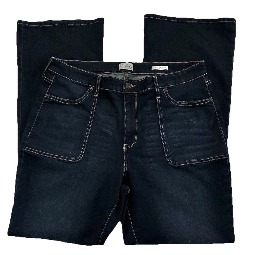 Wonderly High Rise Flare Dark Wash Denim Jeans-Women’s 14-Boho Whisker Stretch